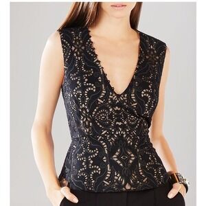 BCBGMAXAZRIA Black Lace Peplum Top Sleeveless V Neck Blouse Elegant Party XS